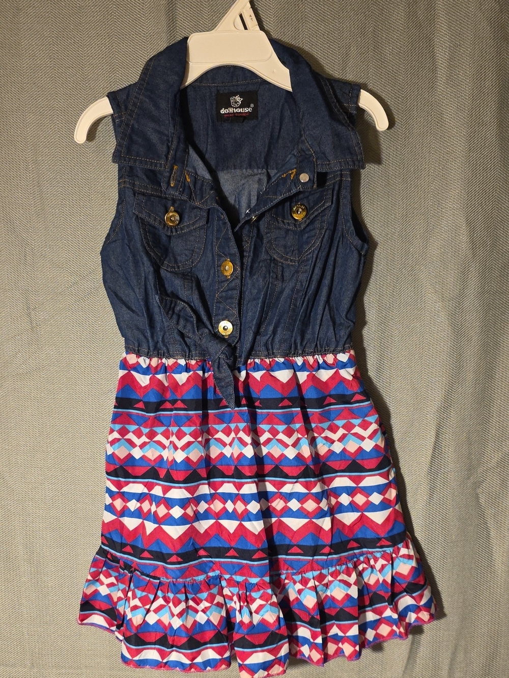 Dollhouse Blue Denim Top Dress with Pink and White Tribal Print